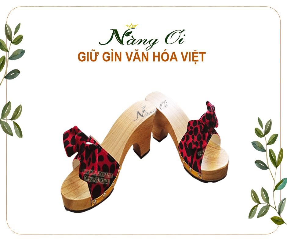 guốc gỗ quai ngang màu đỏ chấm bi đen đính nơ nổi bật
